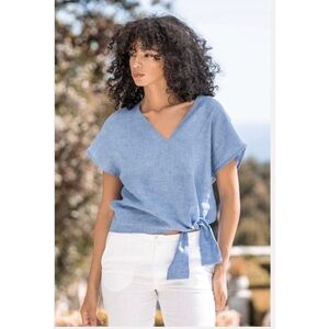 Cento Lino Luxury Italian Made 100% Linen Dark Blue Side Tie Short Sleeve Blouse